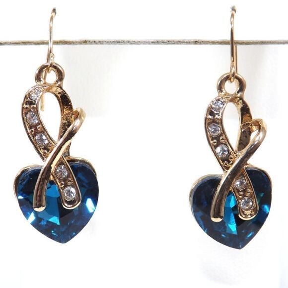 Vintage Heart Teal Blue Crystal Gold Tone Drop Earrings, 1 1/2 Inches - Picture 2 of 8